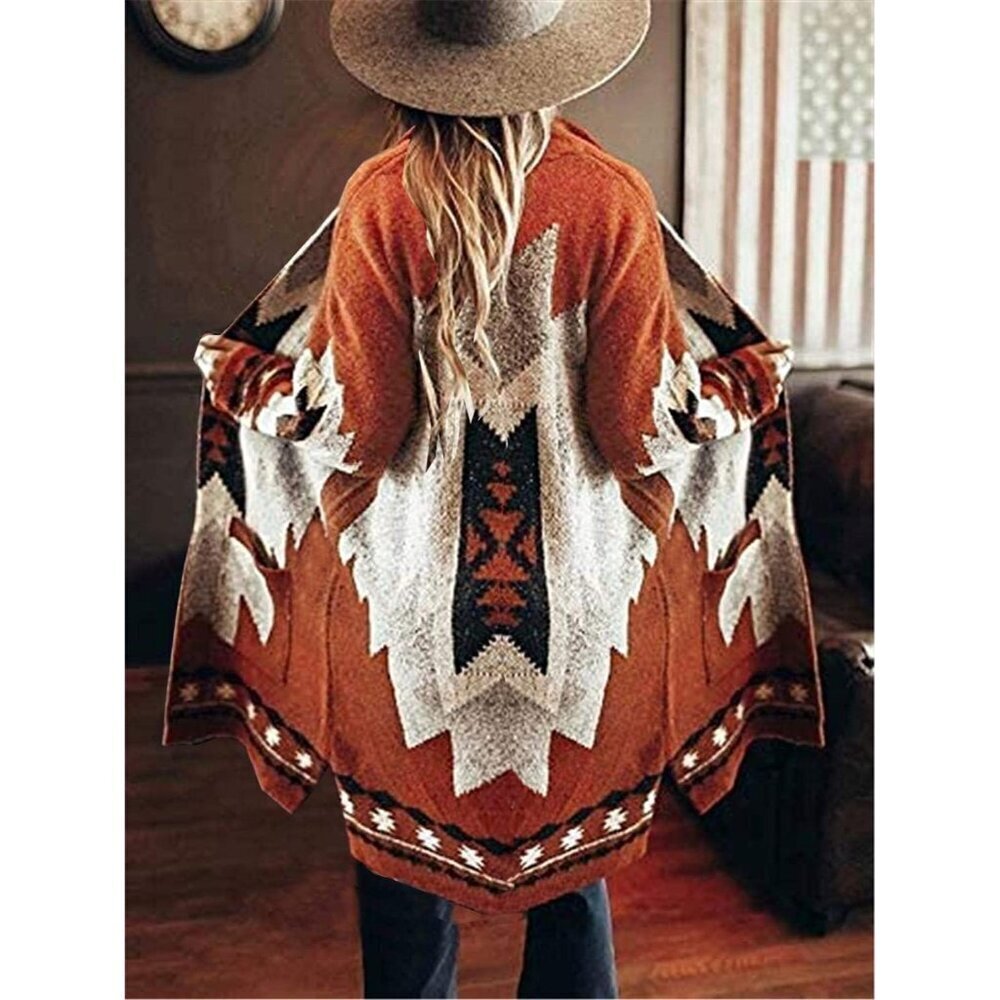 Women Tribal Knitted Cardigan Sweater Coat Casual Outwear with Pockets - Picture 2 of 2